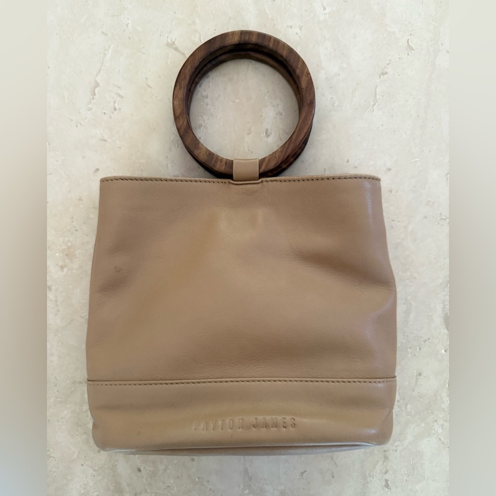 Payton James Mini Wood Italian Leather Bucket Tote -Cappucino